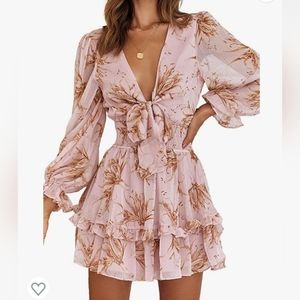 PRETTYGARDEN Short A-Line Flare, Knot Front Long Sleeve V Neck Dress Siz…